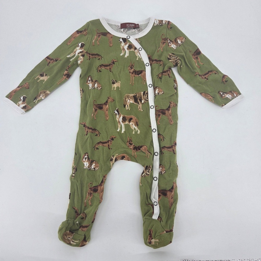 Milkbarn Baby Dog Print Bamboo Footed Sleeper Green Snaps 6-9 Months